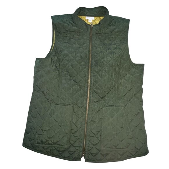 J. Jill Heritage Quilted Vest Green w/Chartreuse Lining  Outerwear Womens Size L - Picture 1 of 9